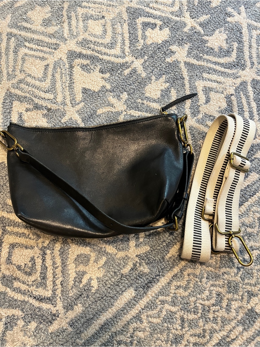 Madewell Black Leather Shoulder Bag with Removable Striped Canvas Strap